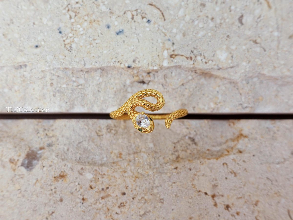 Gold Snake Ring Adjustable Sterling Silver. CZ Diamond Serpent. Promise Ring Gift for Her