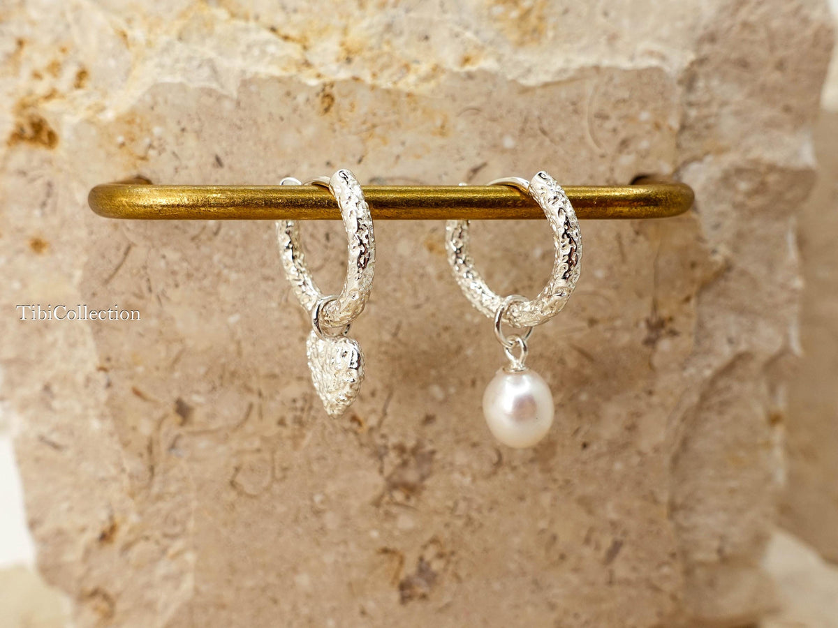 Sterling Silver Mismatched Huggie Hoops, Removable Pearl Charm Earrings, Jewelry Gift for Her