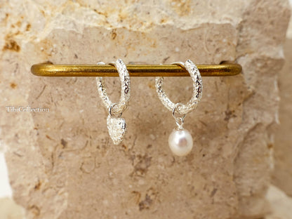 Sterling Silver Mismatched Huggie Hoops, Removable Pearl Charm Earrings, Jewelry Gift for Her
