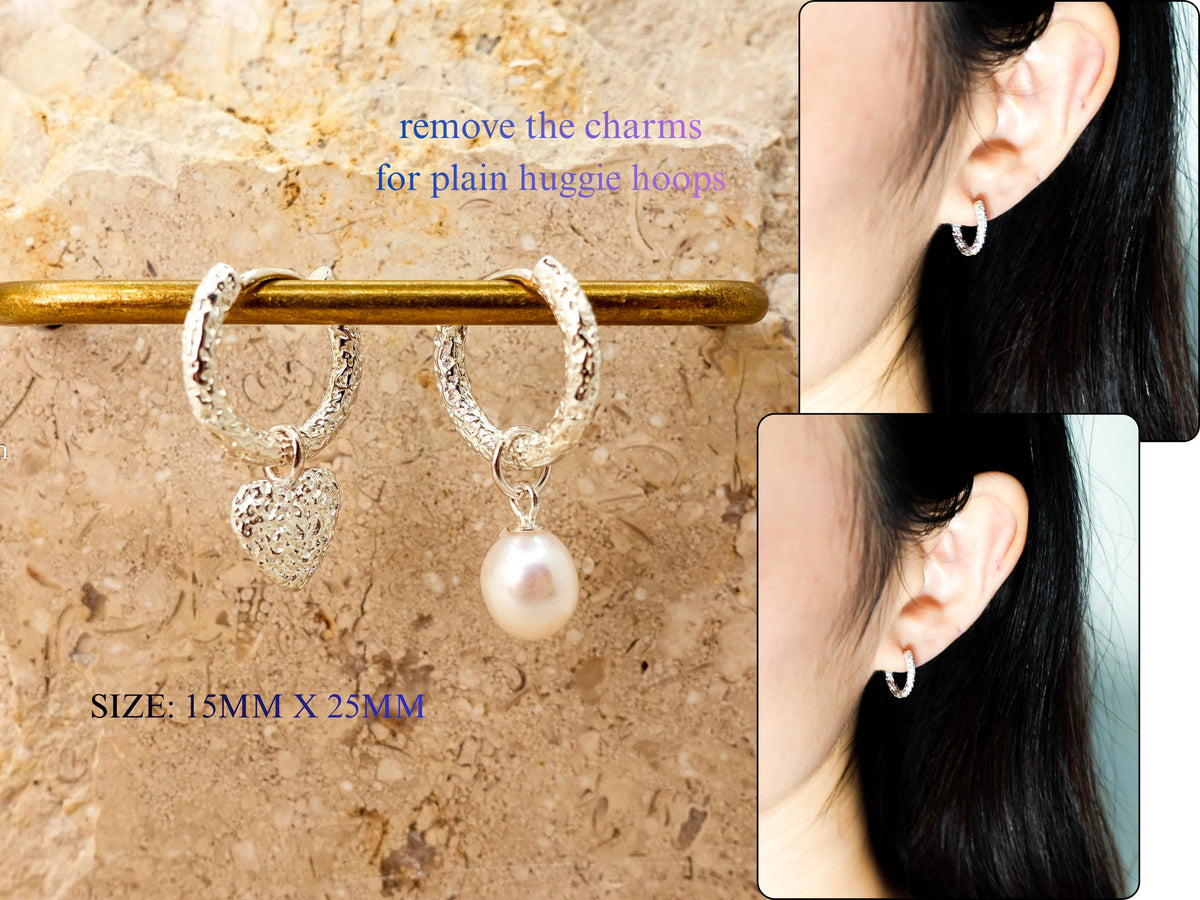 Sterling Silver Mismatched Huggie Hoops, Removable Pearl Charm Earrings, Jewelry Gift for Her