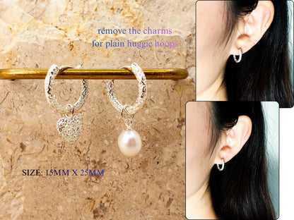 Sterling Silver Mismatched Huggie Hoops, Removable Pearl Charm Earrings, Jewelry Gift for Her