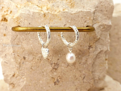 Sterling Silver Mismatched Huggie Hoops, Removable Pearl Charm Earrings, Jewelry Gift for Her