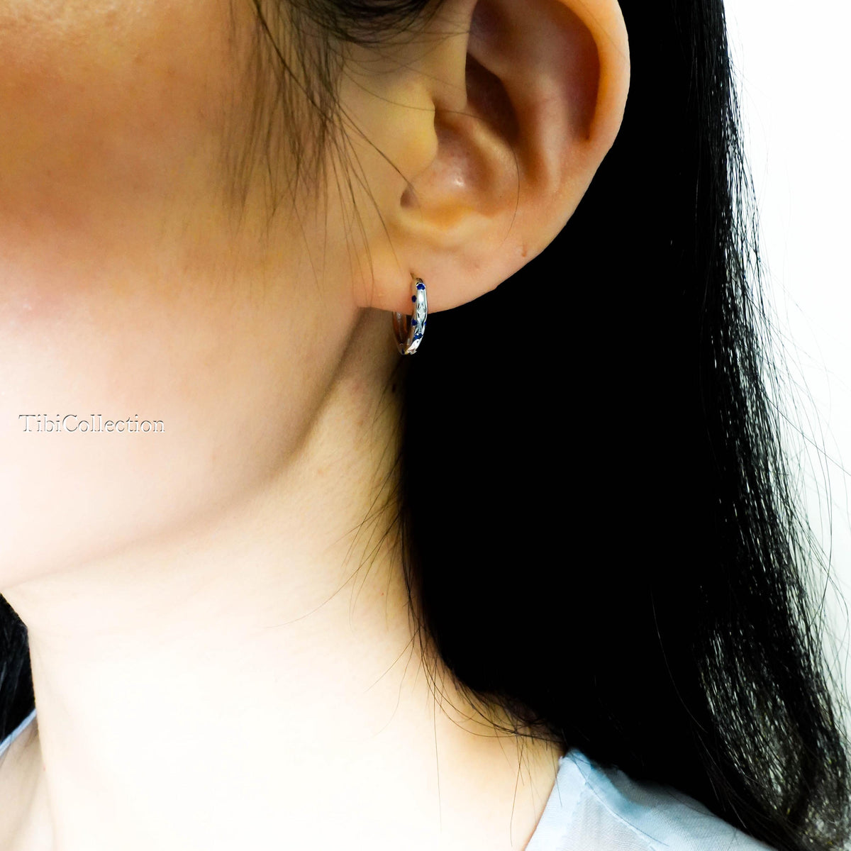 Sterling Silver Sapphire Huggie Hoop Earrings. Dainty Birthstone Jewelry Gift for Her