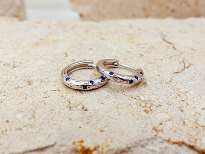 Sterling Silver Sapphire Huggie Hoop Earrings. Dainty Birthstone Jewelry Gift for Her