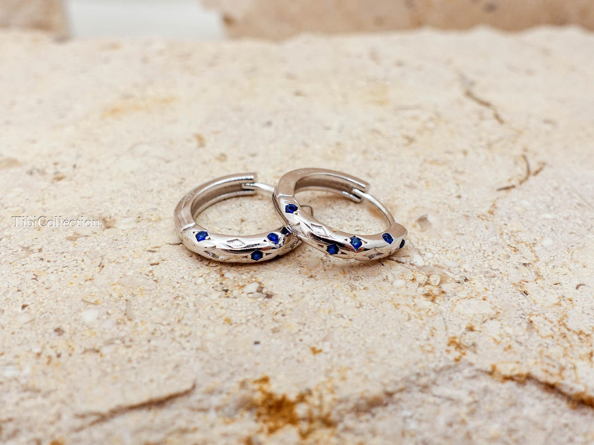 Sterling Silver Sapphire Huggie Hoop Earrings. Dainty Birthstone Jewelry Gift for Her