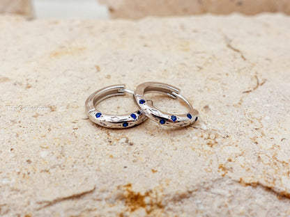 Sterling Silver Sapphire Huggie Hoop Earrings. Dainty Birthstone Jewelry Gift for Her