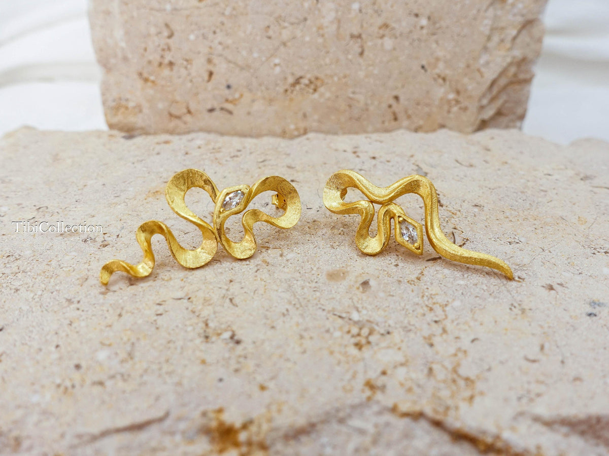 Mismatched Gold Snake Earrings Sterling Silver, Asymmetrical Modern Jewelry Gift for Her