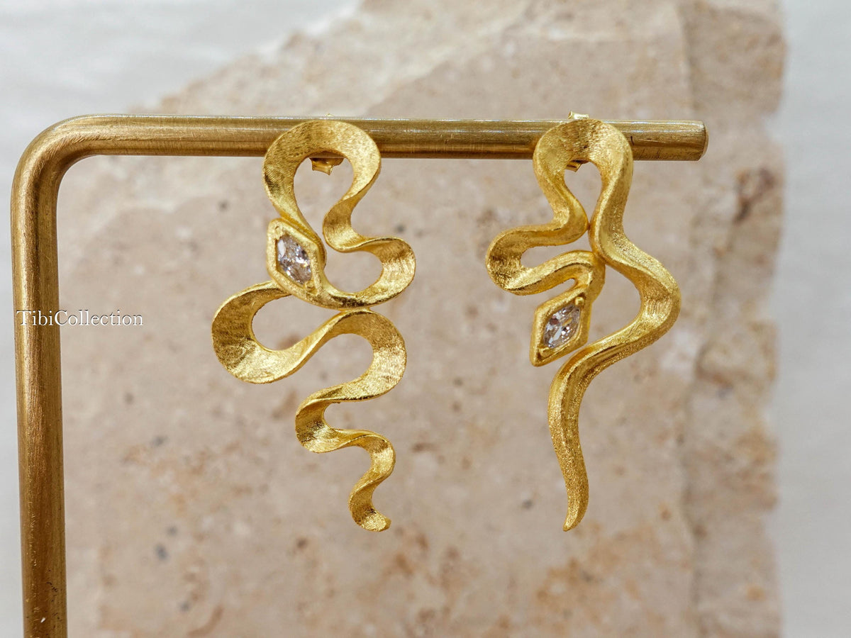Mismatched Gold Snake Earrings Sterling Silver, Asymmetrical Modern Jewelry Gift for Her