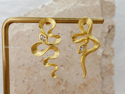 Mismatched Gold Snake Earrings Sterling Silver, Asymmetrical Modern Jewelry Gift for Her