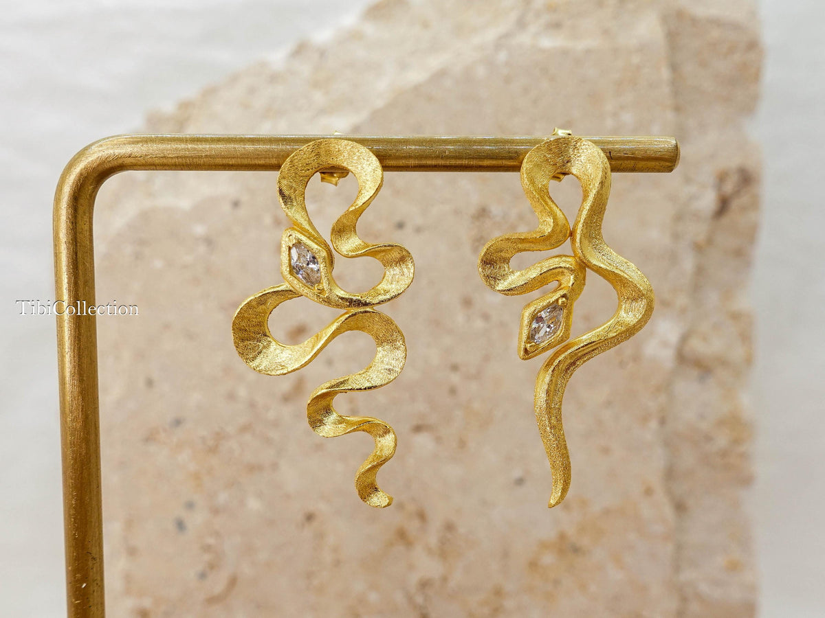 Mismatched Gold Snake Earrings Sterling Silver, Asymmetrical Modern Jewelry Gift for Her
