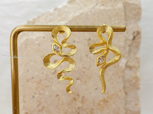 Mismatched Gold Snake Earrings Sterling Silver, Asymmetrical Modern Jewelry Gift for Her