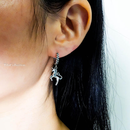 Sterling Silver Mismatched Unicorn Hoop Earrings, Gothic Heart Fantasy Jewelry for Her