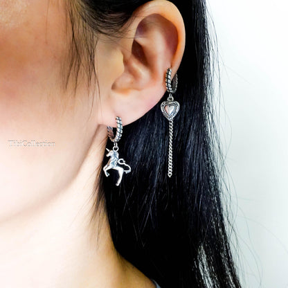 Sterling Silver Mismatched Unicorn Hoop Earrings, Gothic Heart Fantasy Jewelry for Her