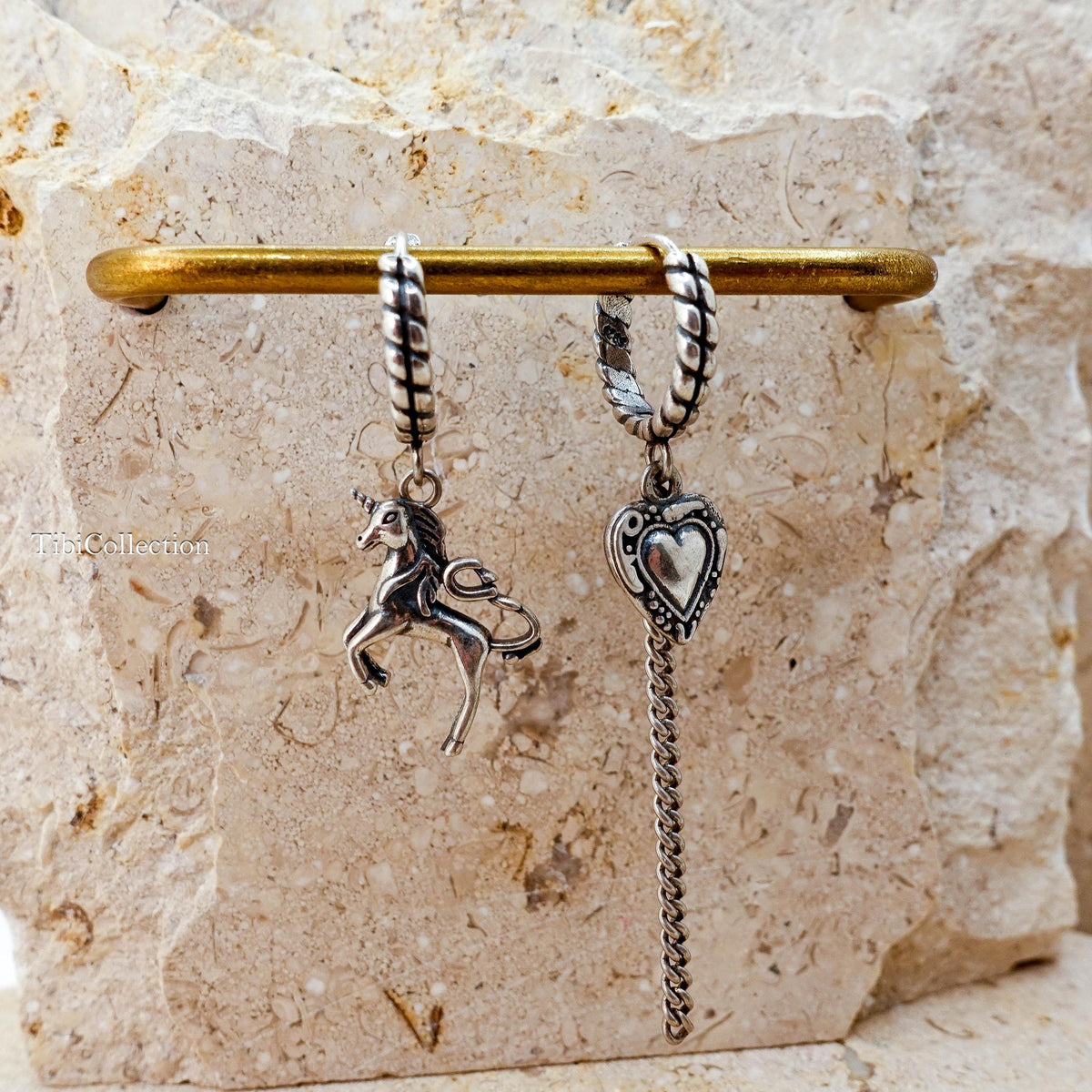 Sterling Silver Mismatched Unicorn Hoop Earrings, Gothic Heart Fantasy Jewelry for Her