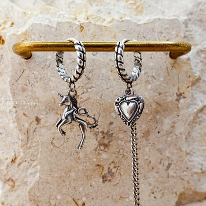 Sterling Silver Mismatched Unicorn Hoop Earrings, Gothic Heart Fantasy Jewelry for Her