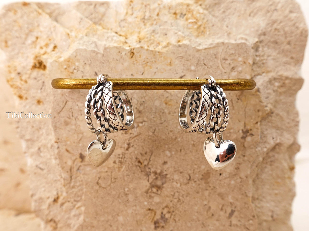 Sterling Silver Small Triple Hoop Earrings, Unique Vintage Heart Charm Hoops Gift for Her