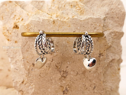 Sterling Silver Small Triple Hoop Earrings, Unique Vintage Heart Charm Hoops Gift for Her