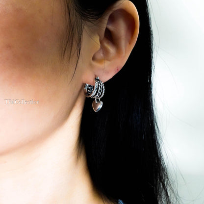 Sterling Silver Small Triple Hoop Earrings, Unique Vintage Heart Charm Hoops Gift for Her