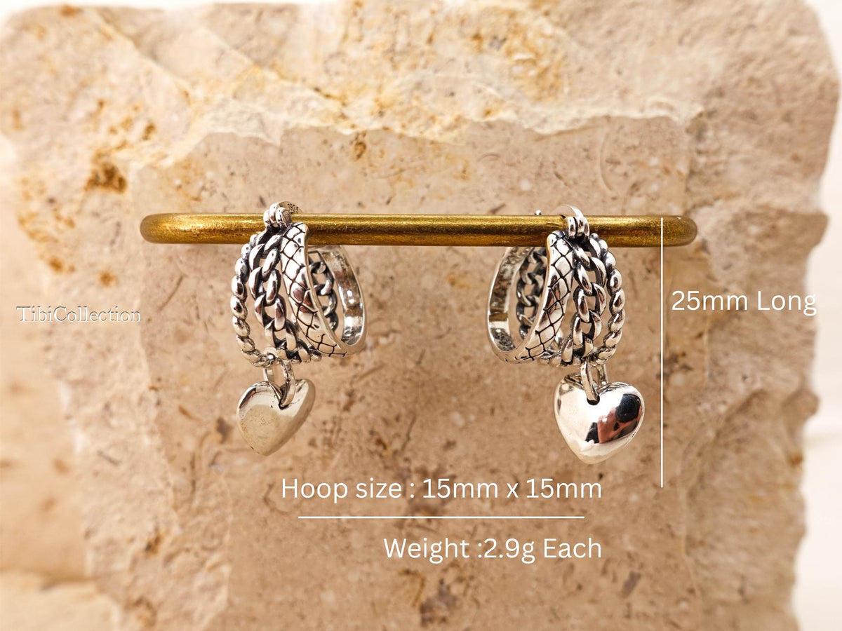 Sterling Silver Small Triple Hoop Earrings, Unique Vintage Heart Charm Hoops Gift for Her