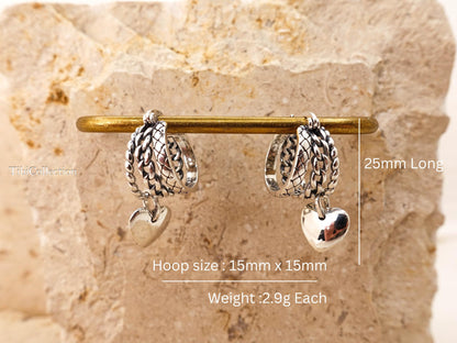 Sterling Silver Small Triple Hoop Earrings, Unique Vintage Heart Charm Hoops Gift for Her