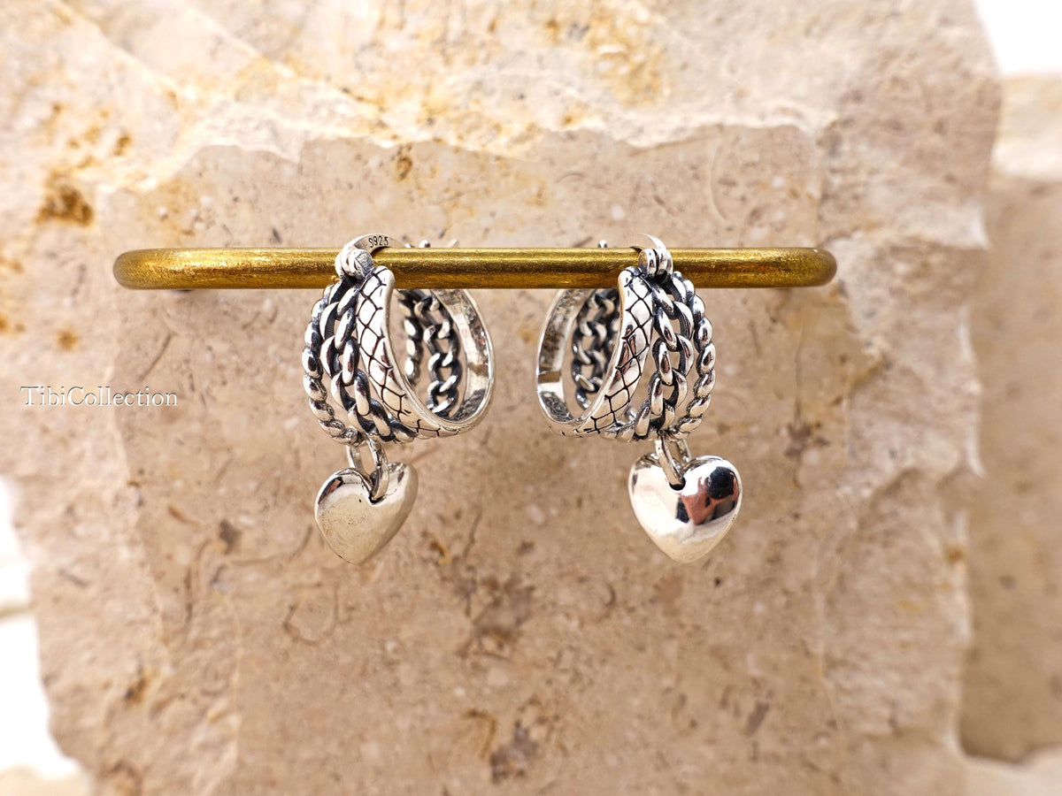 Sterling Silver Small Triple Hoop Earrings, Unique Vintage Heart Charm Hoops Gift for Her