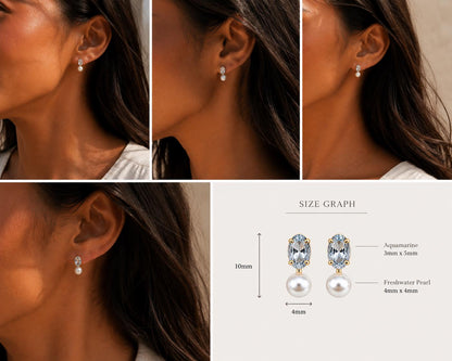 Dainty Small Aquamarine Pearl Stud Earrings March June Birthstone Gift for Her