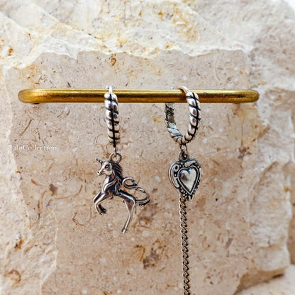Sterling Silver Mismatched Unicorn Hoop Earrings, Gothic Heart Fantasy Jewelry for Her