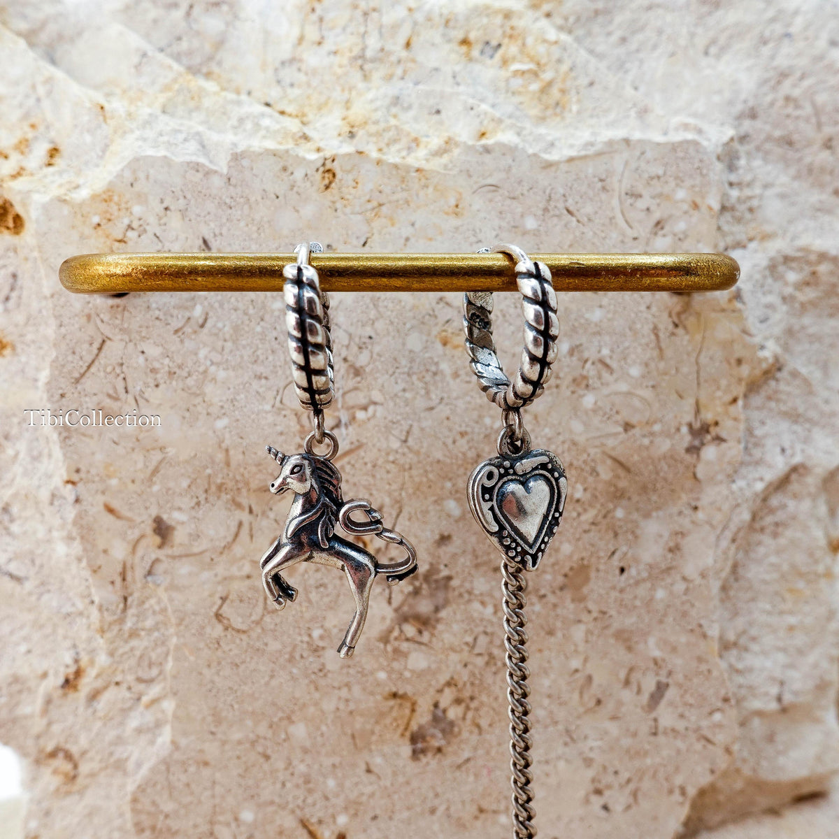 Sterling Silver Mismatched Unicorn Hoop Earrings, Gothic Heart Fantasy Jewelry for Her
