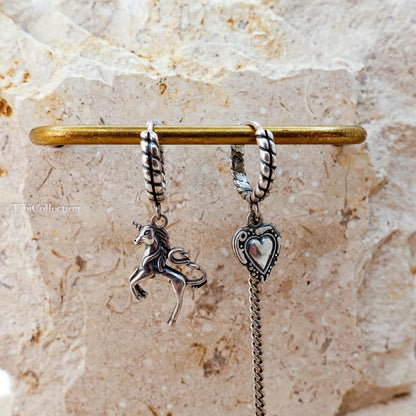Sterling Silver Mismatched Unicorn Hoop Earrings, Gothic Heart Fantasy Jewelry for Her