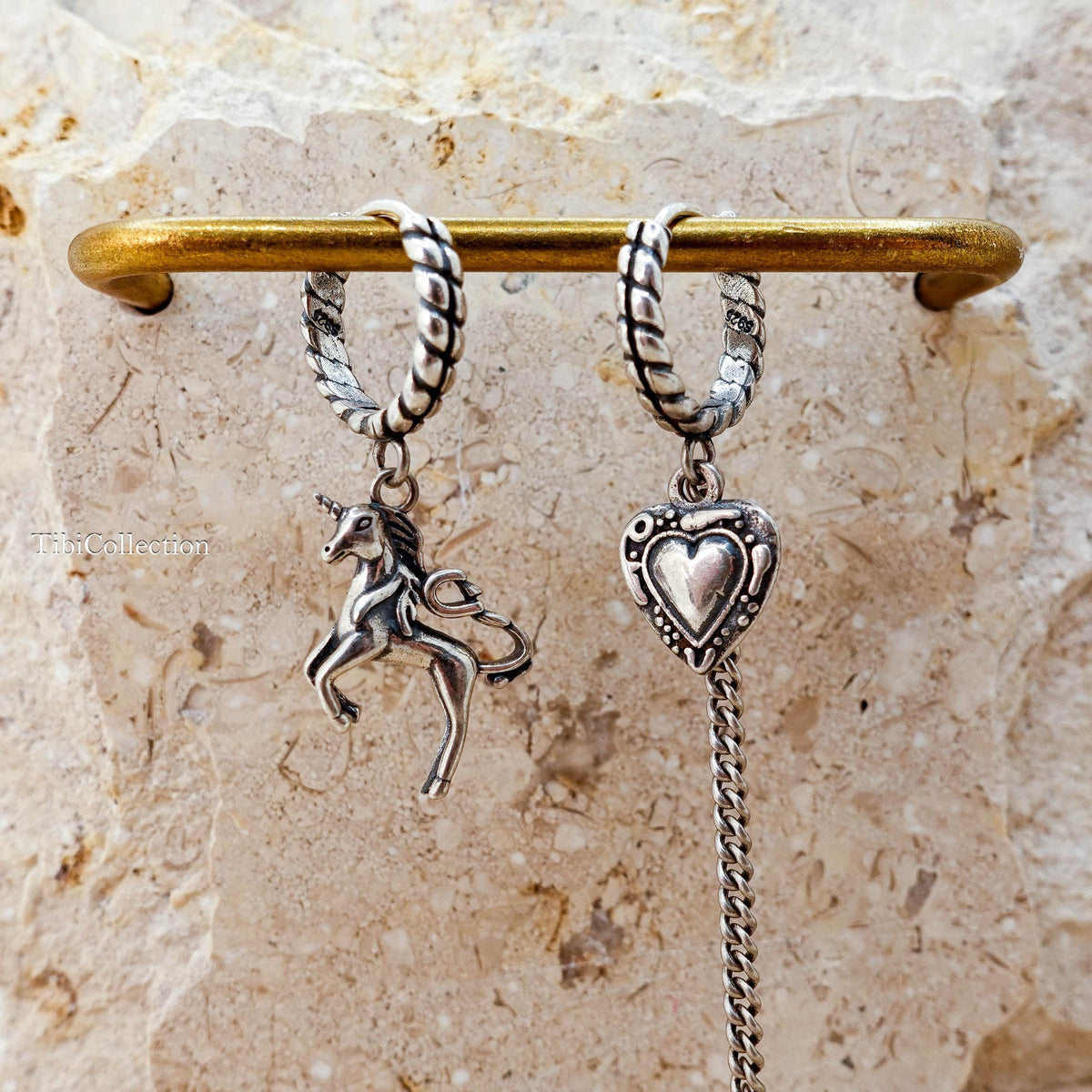 Sterling Silver Mismatched Unicorn Hoop Earrings, Gothic Heart Fantasy Jewelry for Her
