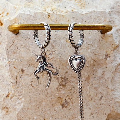 Sterling Silver Mismatched Unicorn Hoop Earrings, Gothic Heart Fantasy Jewelry for Her