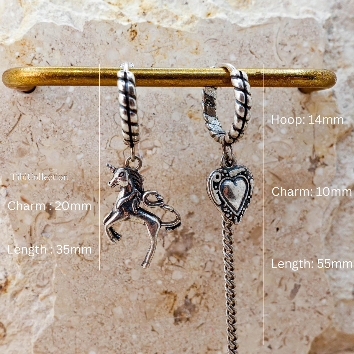 Sterling Silver Mismatched Unicorn Hoop Earrings, Gothic Heart Fantasy Jewelry for Her