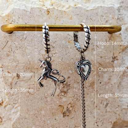 Sterling Silver Mismatched Unicorn Hoop Earrings, Gothic Heart Fantasy Jewelry for Her
