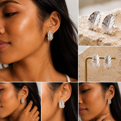 Sterling Silver Leaf Stud Earrings, Feather Earrings Everyday Jewelry Gift for Her Mom Sis