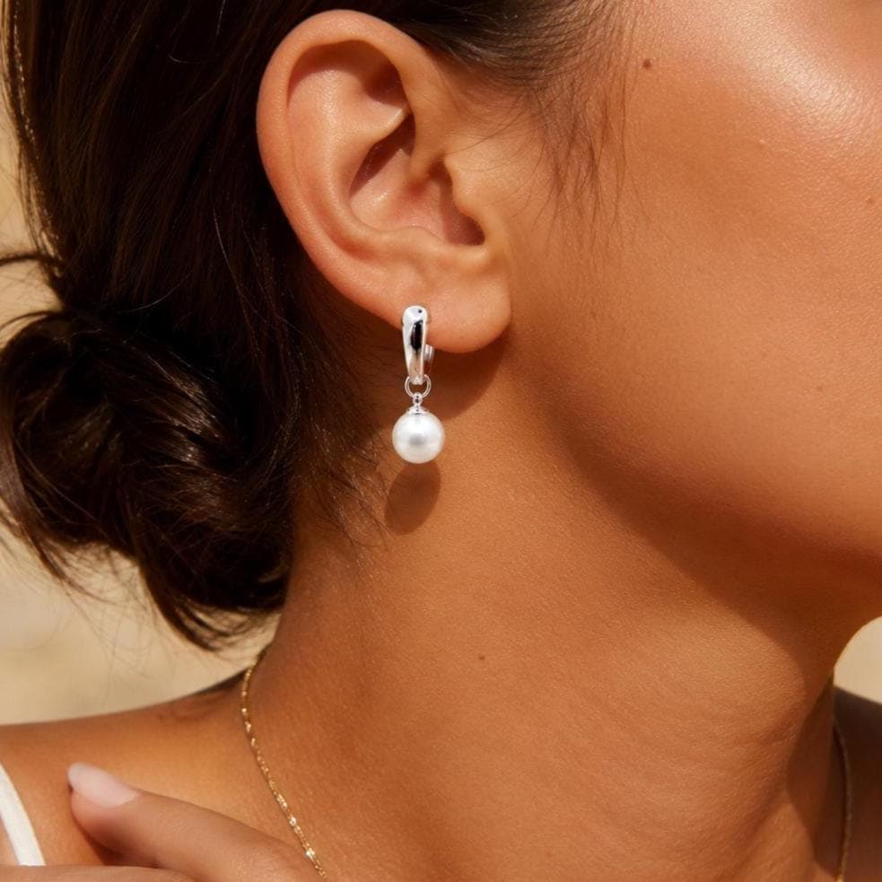 Sterling Silver Pearl Hoop Earrings, Huggie Hoops with Pearl Drop Gift for Her