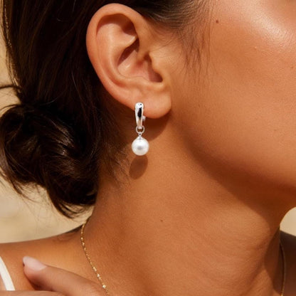 Sterling Silver Pearl Hoop Earrings, Huggie Hoops with Pearl Drop Gift for Her