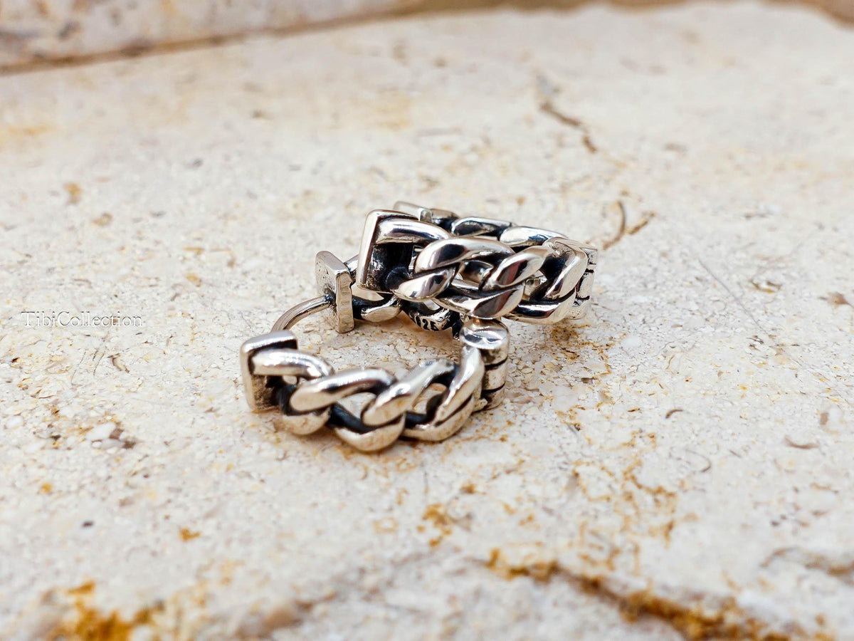 Sterling Silver Mens Hoop Earrings, Unisex Curb Link Huggie Earrings, Jewelry Gift for Him