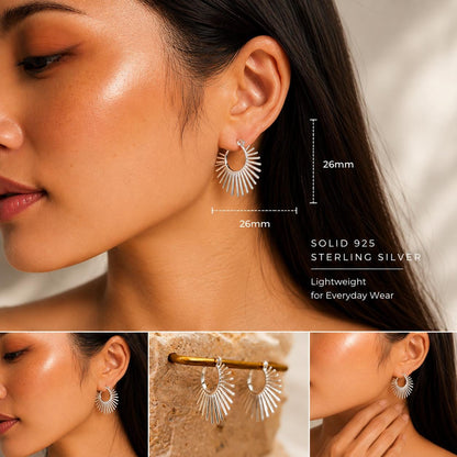 925 Sterling Silver Sunburst Hoop Earrings, Celestial Jewelry Gift for Her Mom Sister