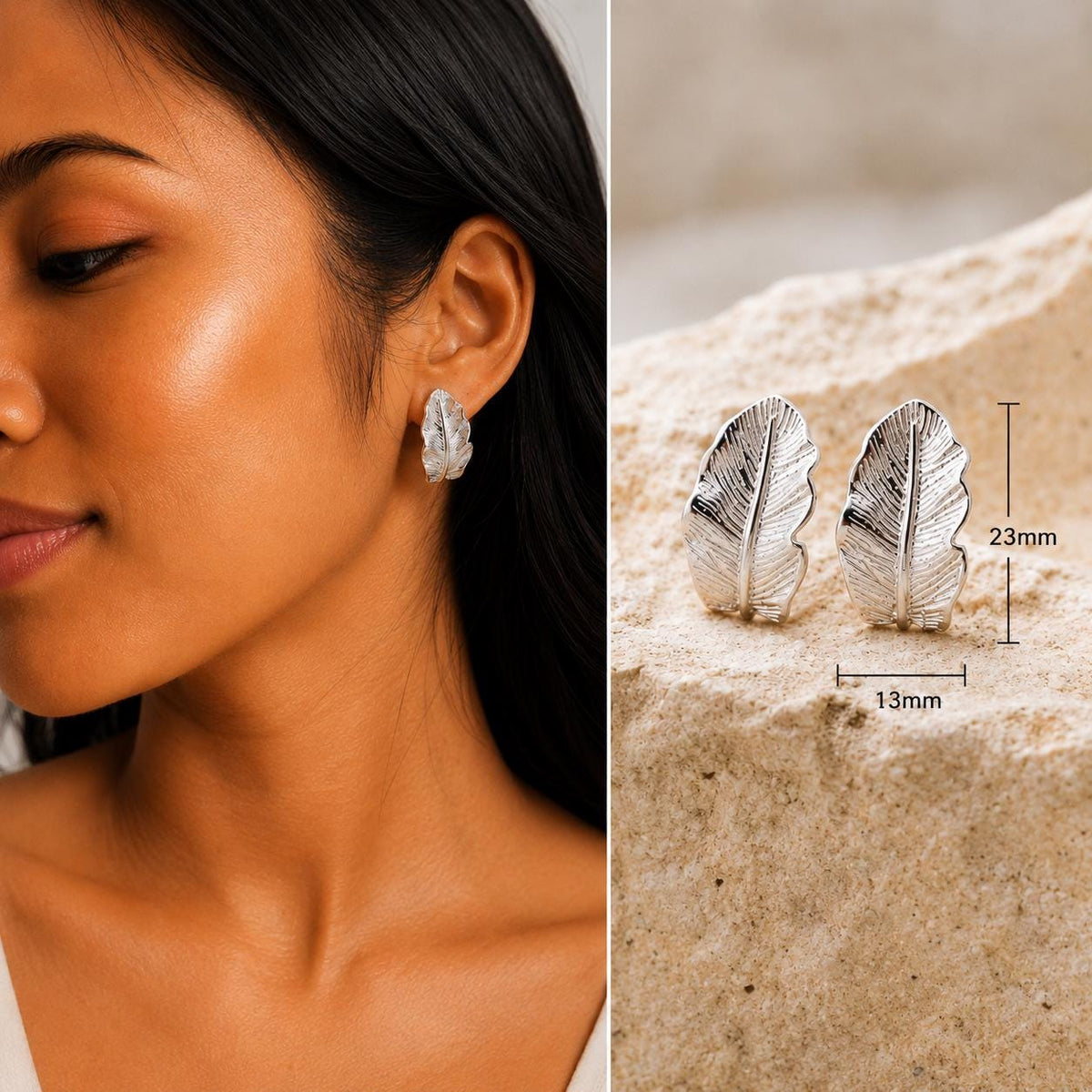 Sterling Silver Leaf Stud Earrings, Feather Earrings Everyday Jewelry Gift for Her Mom Sis
