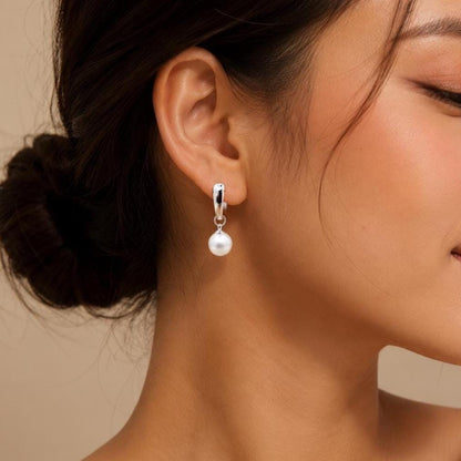 Sterling Silver Pearl Hoop Earrings, Huggie Hoops with Pearl Drop Gift for Her