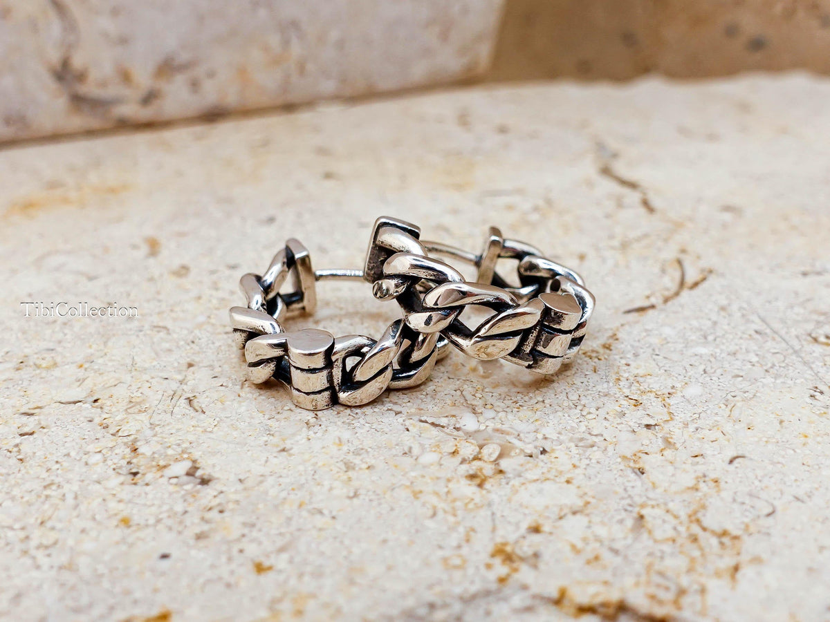 Sterling Silver Mens Hoop Earrings, Unisex Curb Link Huggie Earrings, Jewelry Gift for Him