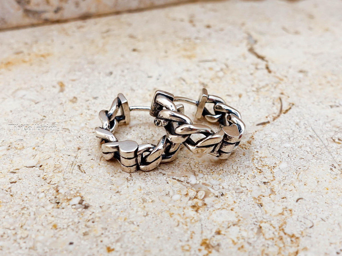 Sterling Silver Mens Hoop Earrings, Unisex Curb Link Huggie Earrings, Jewelry Gift for Him