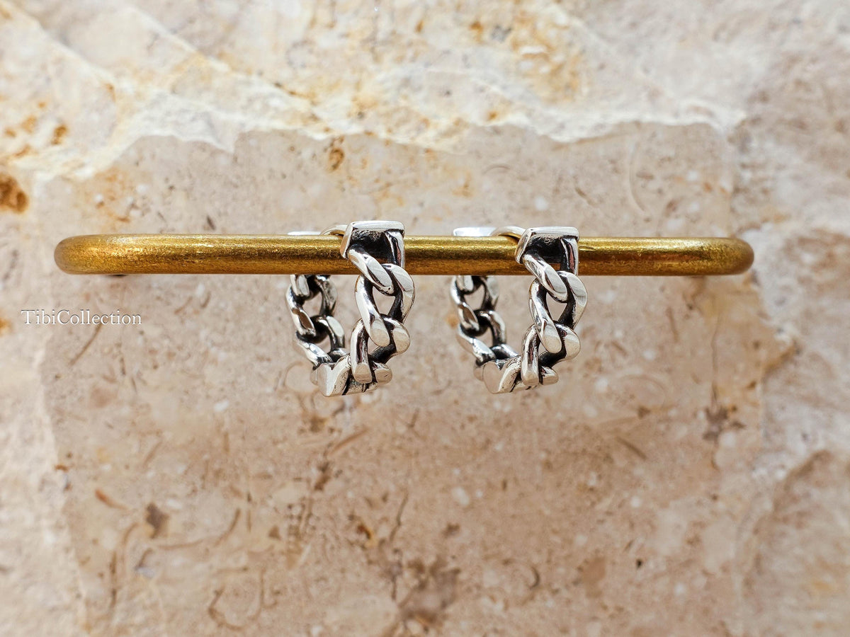 Sterling Silver Mens Hoop Earrings, Unisex Curb Link Huggie Earrings, Jewelry Gift for Him