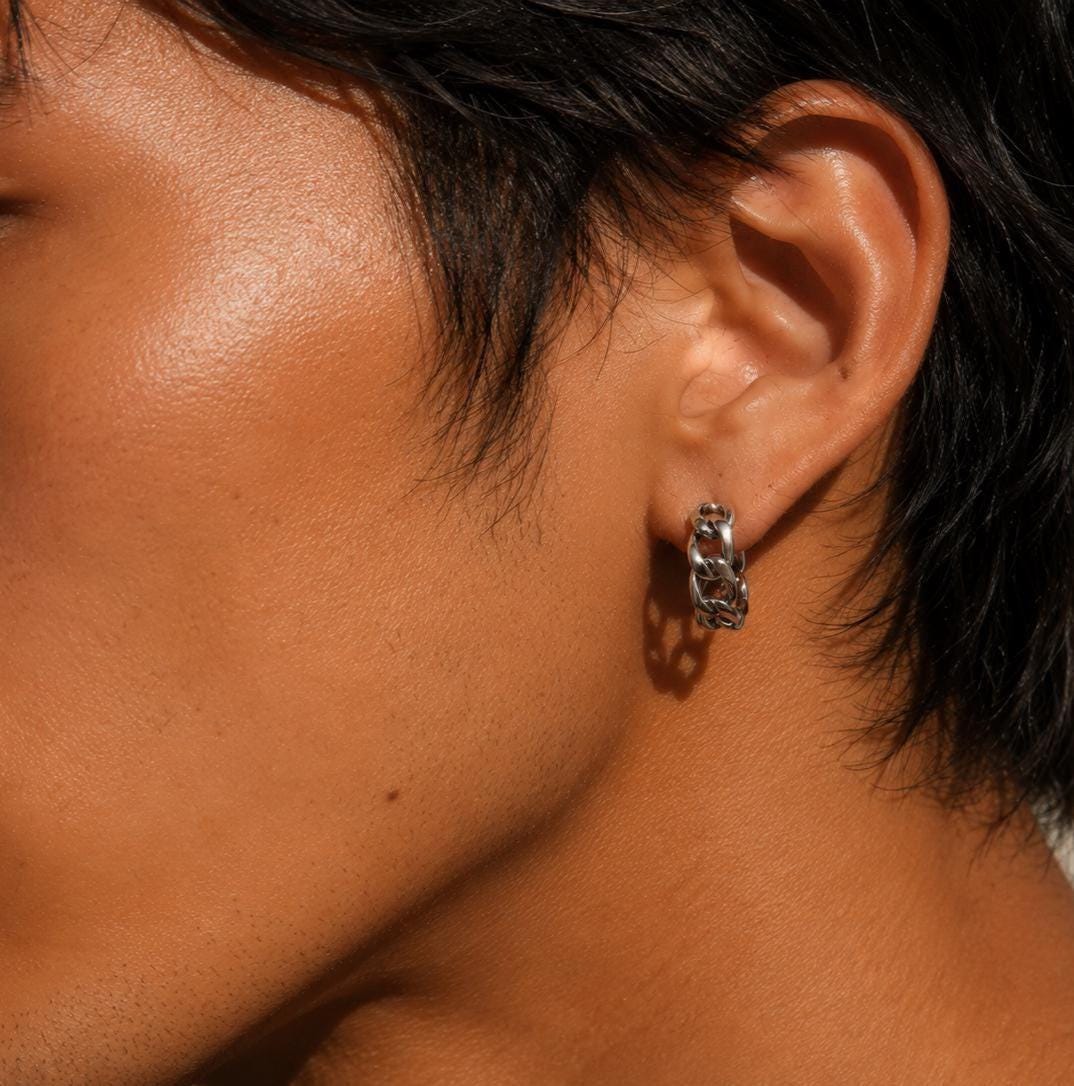 Sterling Silver Mens Hoop Earrings, Unisex Curb Link Huggie Earrings, Jewelry Gift for Him