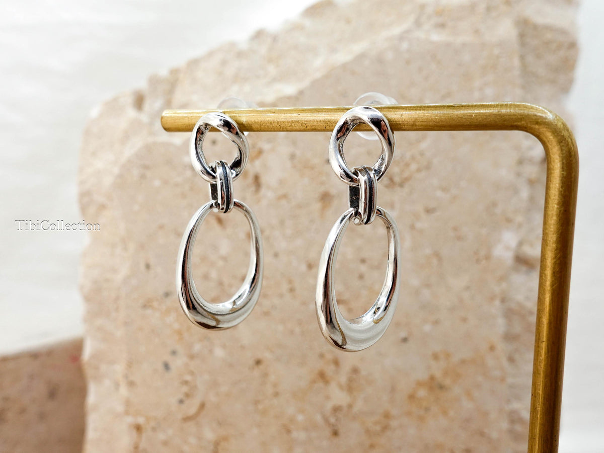 Sterling Silver Linked Hoop Dangle Earrings, Modern Minimalist Everyday Luxury Jewerly Gift for Her
