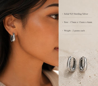 Sterling Silver Oval Huggie Hoop Earrings, Dome Chunky Hoops Vintage Jewerly Gift for Her