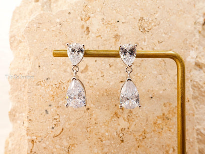 Double Pear Cut Diamond Drop Earrings, Bridal CZ Teardrop Earrings, Wedding Gift for Her