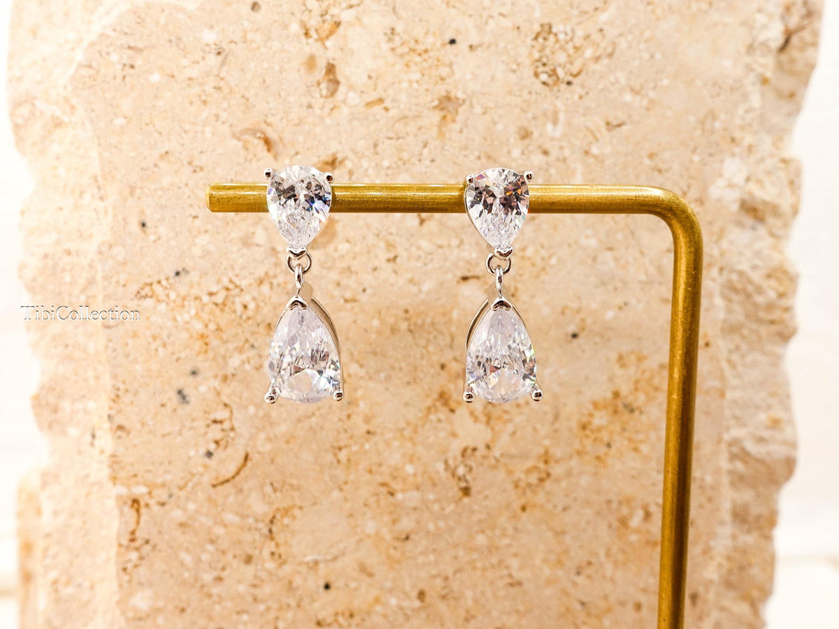 Double Pear Cut Diamond Drop Earrings, Bridal CZ Teardrop Earrings, Wedding Gift for Her