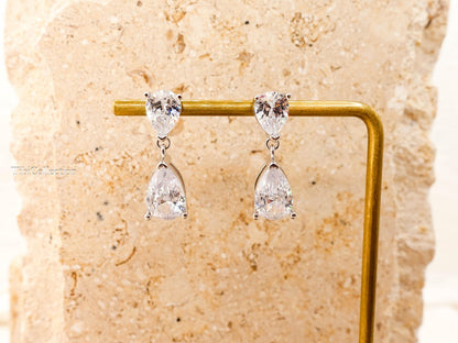 Double Pear Cut Diamond Drop Earrings, Bridal CZ Teardrop Earrings, Wedding Gift for Her