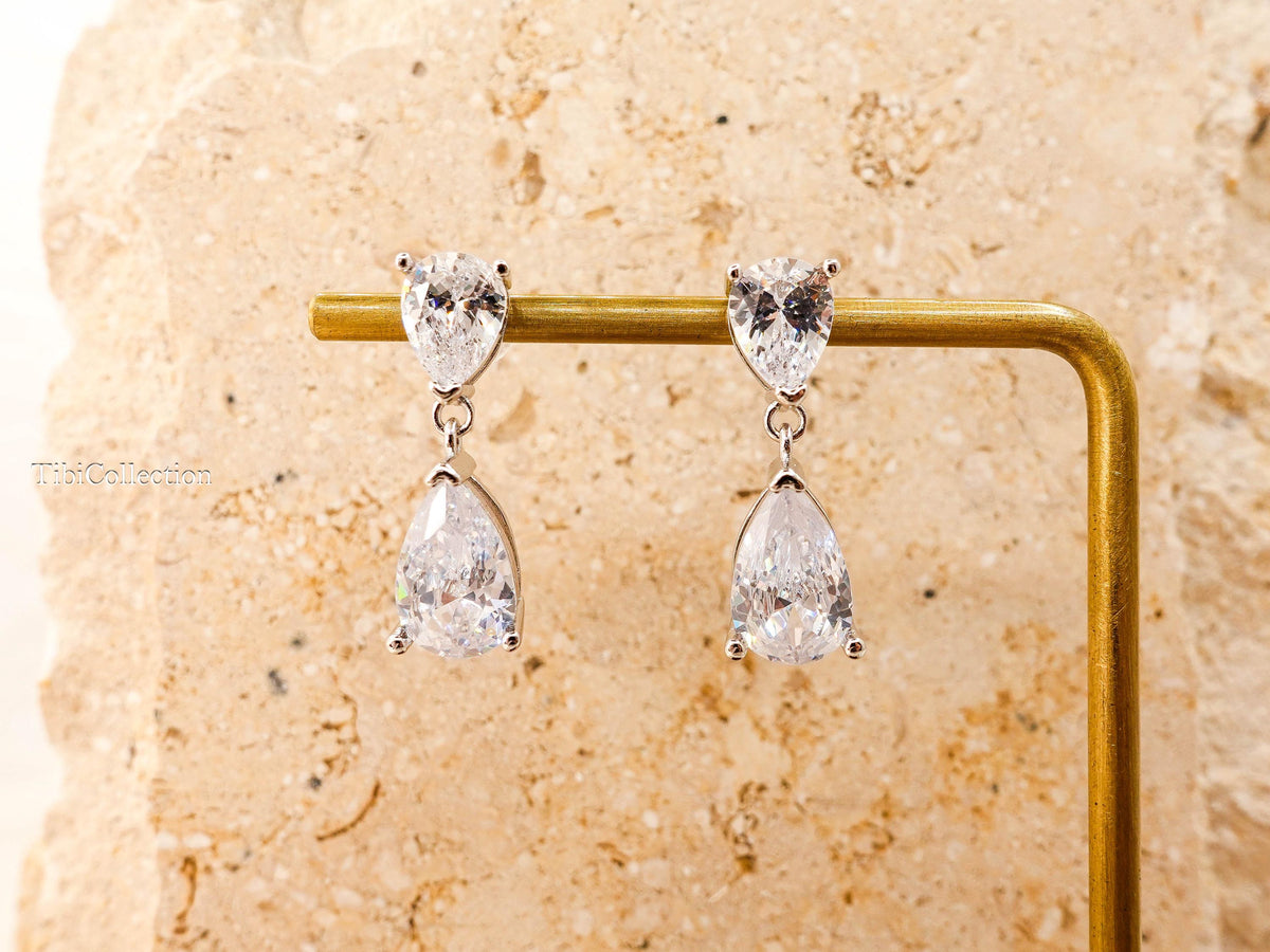 Double Pear Cut Diamond Drop Earrings, Bridal CZ Teardrop Earrings, Wedding Gift for Her